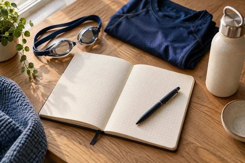 Agenda de papel, caneta, óculos de natação e roupa de treino sobre a mesa