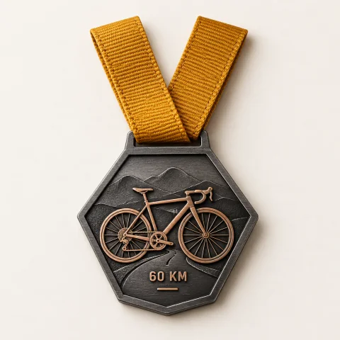 Medalha ilustrativa de ciclismo · 60 km, com fita conectada