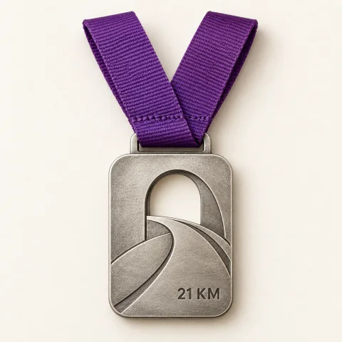 Medalha ilustrativa de corrida · 21 km, com fita conectada